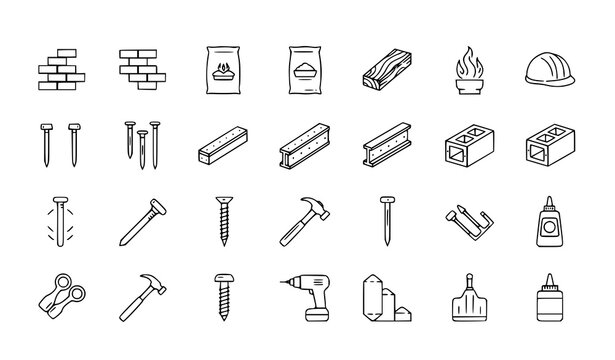 Building materials outline icon set vector with bricks cement wood steel tools editable stroke linear collection