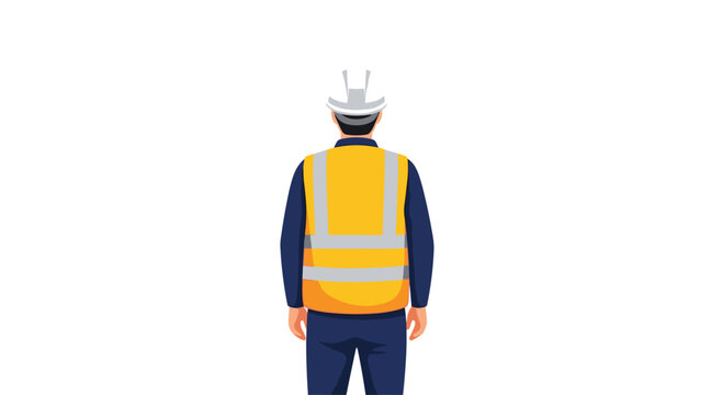 A male construction professional stands with his back turned while wearing a protective white hard hat and a high-visibility yellow safety vest with stripes.