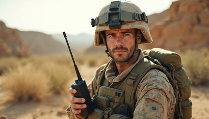 Obraz premium Soldier in desert uniform holds radio. Military man with helmet and backpack contacts unit. Focused army personnel on mission communication. Warrior with tactical gear checks comms.