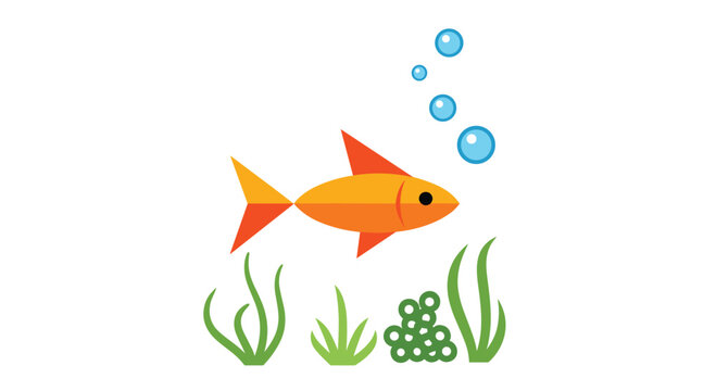 A vibrant orange and yellow geometric fish swims gracefully through clear water above lush green seaweed while blue bubbles float towards the surface.