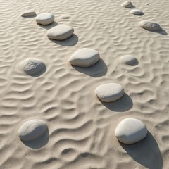Obraz premium Smooth white stones rest on rippled sand surface. Natural zen garden creates serene, balanced minimalist backdrop. Peaceful beach scene promotes calm and relaxation.
