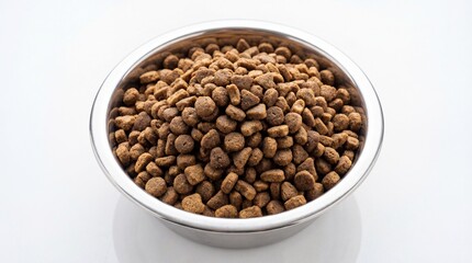 Fototapeta premium A shiny stainless steel bowl filled to the brim with crunchy brown dry pet food kibble pieces