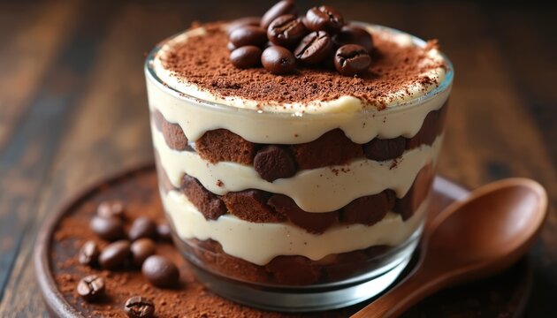 Layered tiramisu dessert in glass bowl. Cocoa powder and coffee beans on top. Sweet Italian treat served on rustic wooden table. Creamy mascarpone and coffee soaked ladyfingers.