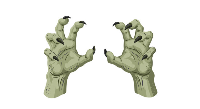 A pair of pale green monstrous hands with long sharp black claws and wrinkled skin texture are poised in a menacing grasping gesture on white.