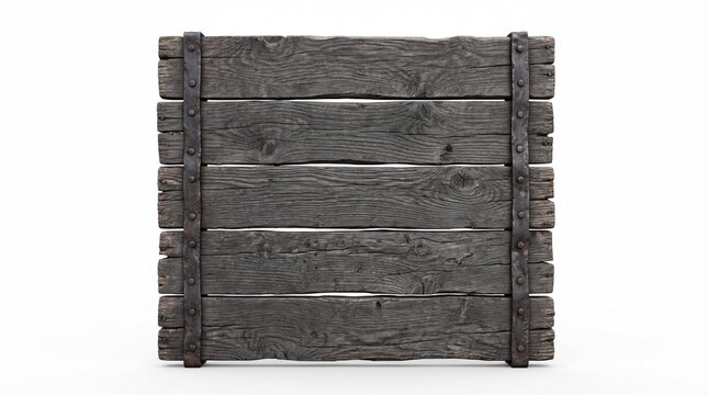 A small square wooden crate base constructed from dark weathered planks held by metal supports