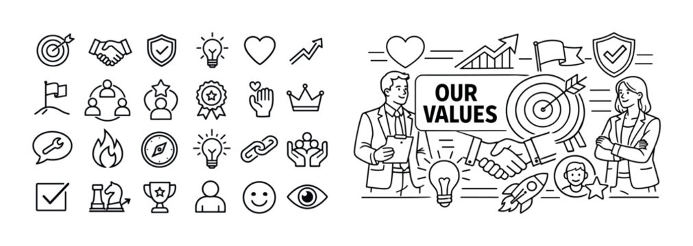 Business core values and principles illustrated with icons and characters