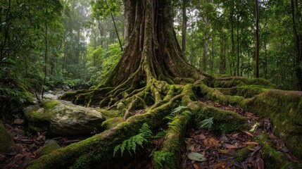 Obraz premium Mossy jungle scene featuring a venerable tree and a vast root system