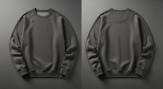 Dark gray plain crewneck raglan sleeve sweatshirt front and back view isolated on gradient background