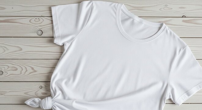 Plain white t-shirt with knotted hem laid flat on a light weathered wooden plank surface