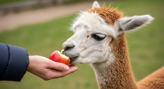 Person feeding a brown alpaca apple.