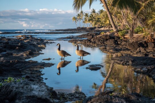 Nene goose duo in a tranquil coastal scene with palm trees and blue sky