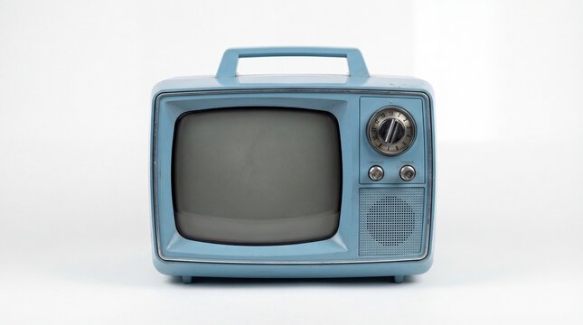 A vintage blue portable television set with a carrying handle and a small screen display unit