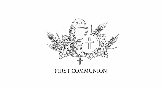 Religious symbols chalice, wafer, cross, rosary, grapes, and wheat