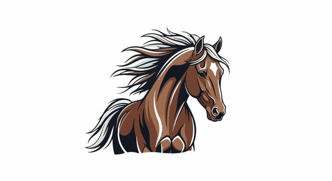 Powerful brown horse with a flowing mane and tail, depicted in profile