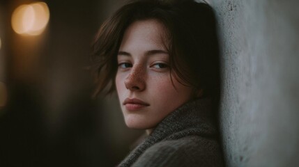 Fototapeta premium Close-up portrait of a young woman's face. she is leaning against a white wall with her head slightly tilted to the side. her hair is styled in loose waves and falls over her shoulders.