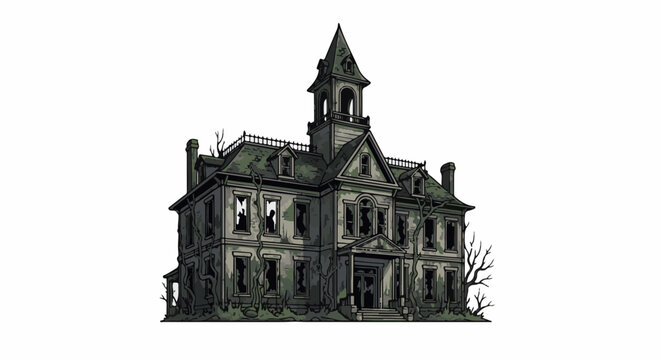 Pixel art of a spooky, dilapidated Victorian mansion with a central tower