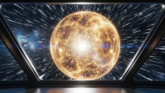 Epic view of a luminous sun in space from a spaceship window during warp drive travel.