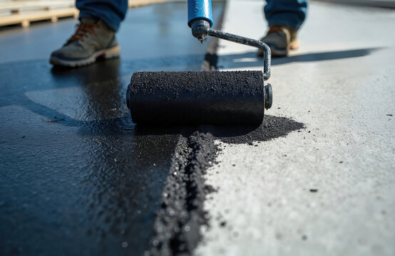 Worker applies black bitumen mastic with a roller on concrete surface. Construction worker coats foundation for waterproofing protection. Roofing repair work in progress, building site safety.