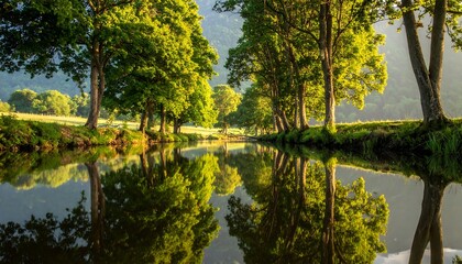 Fototapeta premium A serene waterscape mirrors a row of trees with lush green canopies, basking in the soft sunlight's glow, against a distant mountainous backdrop