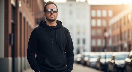 Fototapeta premium Confident man wearing sunglasses and black hoodie standing on a city street with parked cars