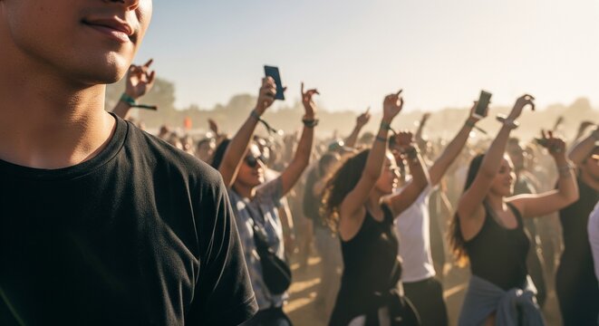 Diverse crowd dancing and enjoying music at an outdoor festival during daytime with sun flare