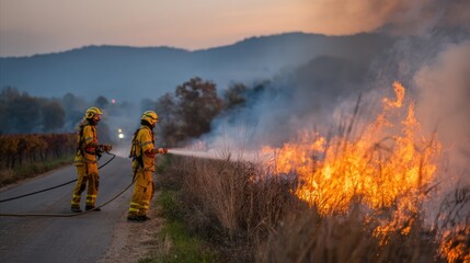 Fototapeta premium Firefighters battle flames at a wildfire scene