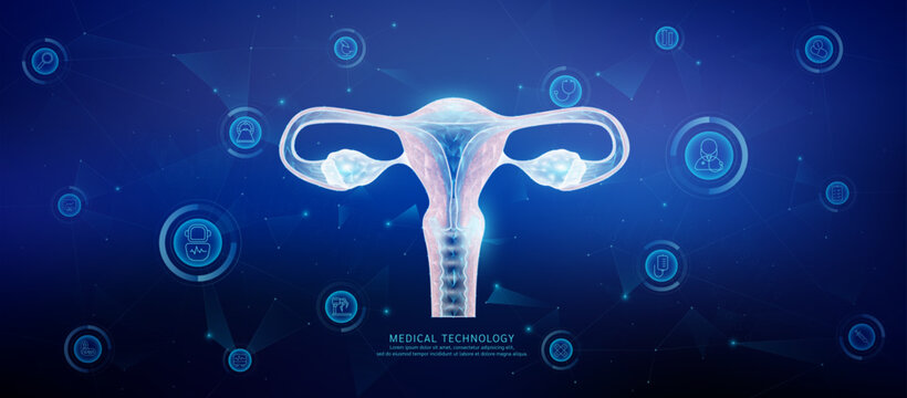 Translucent polygon uterus organ connected medical technology network icons. Cyborg human collaboration. Health care technology digital. Banner vector.