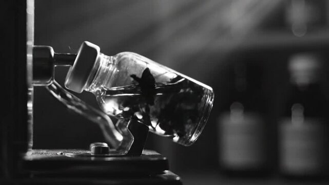 Black and white close up of a glass vial filled with dark liquid being agitated in a lab setting