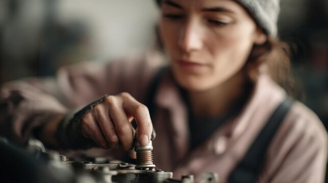 A young woman working on a car engine. she is wearing a gray beanie and a pink shirt, and is holding a screwdriver in her right hand.