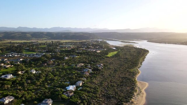 Sunrise drone view over healthy Keurbooms river lagoon in Plettenberg Bay