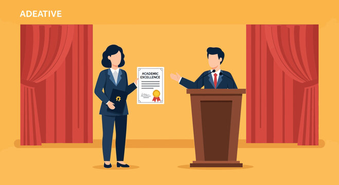 Award ceremony takes place with a speaker at a podium honoring a recipient with a certificate in a formal setting