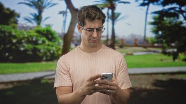 Man tapping smartphone with both hands, frowning and squinting at the screen in a street park walkway; frustration tech problem.