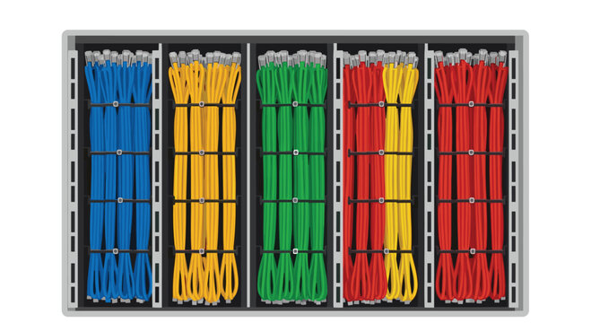 Professional network infrastructure showcases vertical bundles of blue yellow green and red ethernet cables secured tightly within a gray server cabinet.