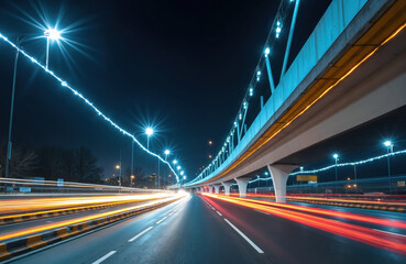 Obraz premium Night highway overpass with light streaks from moving cars. City infrastructure with blue and yellow illuminated lines. Urban transport and motion blur.