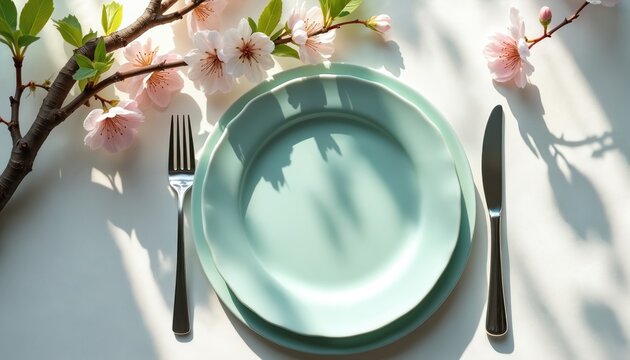 Table setting with light blue plates and silverware. Cherry blossom branch with pink flowers rests on table. Gentle shadows create peaceful atmosphere for spring meal.