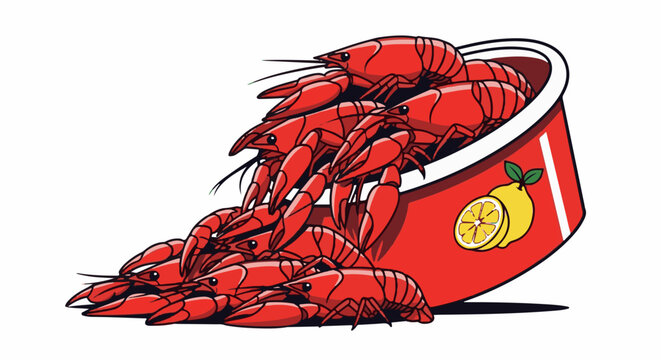 Pile of red crawfish spilling from a red bowl with a lemon slice