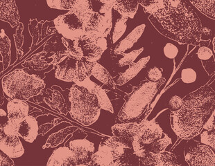 Seamless dark burgundy floral grunge pattern. Distressed dusty pink stamped botanical background. Moody textured rose textile design. © RDYD Studio