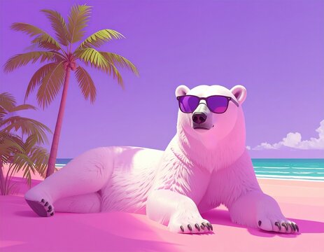 pink and purple polar bear on a beach sunbathing funny animal in summer 