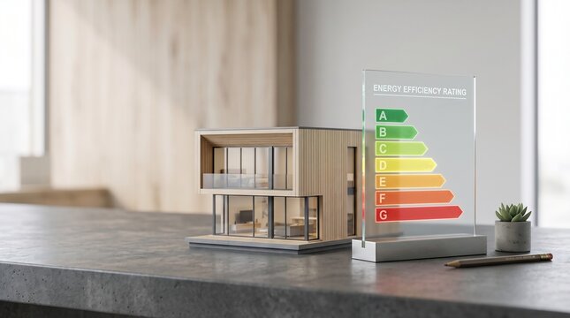 A modern eco-home model with an energy efficiency rating chart 