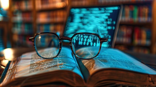 Glowing binary code emerging from a classic library book next to glasses reflecting a screen. Concept of academic integrity, AI-generated content, and educational challenges.