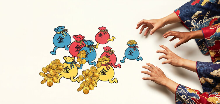 Chasing Wealth Concept, Hands Reaching for Running Money Bags and Gold Coins, Financial Competition and Greed Theme