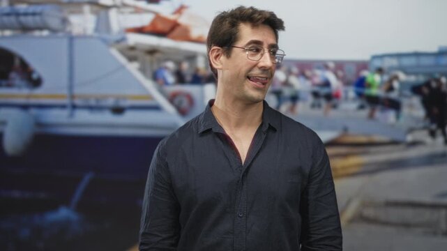 Man wearing glasses and navy shirt with open collar smiling and turning his head toward an airplane at a busy airport terminal with blurred passengers in the background; amusement travel.