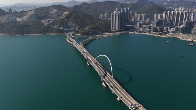 Aerial view of tseung kwan o cross bay link bridge traffic