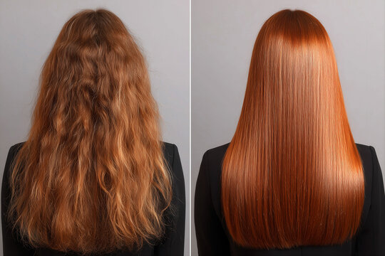Hair Restoration Result Before and After Keratin Treatment for Shiny Smooth Red Hair