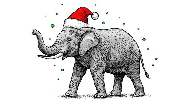 A festive elephant wearing a Santa hat on a white background