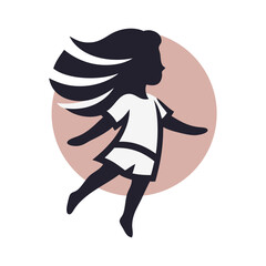Logotipo de boutique de moda femenina. Dibujo minimalista con una niña con una camiseta y un pantalón corto en círculo © teracreonte