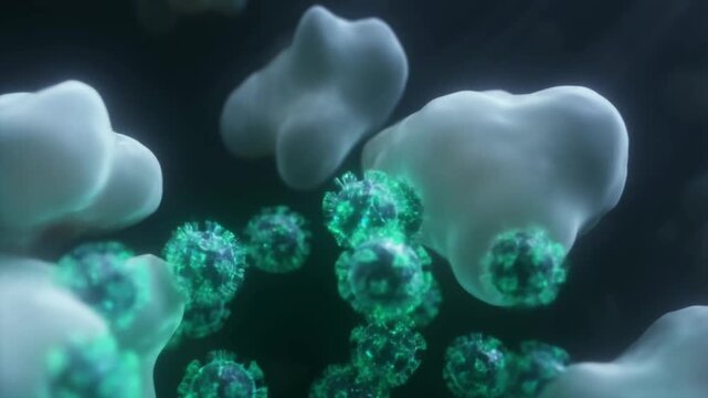 Microscopic battle between multiplying virus particles and neutralizing white blood cells in a dark organic environment concept of immune response and infection