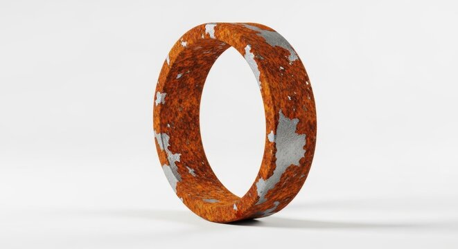 A rusty metal ring with peeling paint on a white background