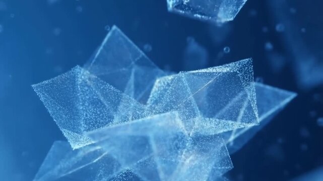 Luminous data crystals slowly forming and assembling in a deep blue fluid solution with soft bubbles and volumetric lighting concept of crystal growth and data structuring