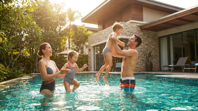 Authentic luxury lifestyle photo of happy modern family with two children playing together in a bright turquoise backyard swimming pool on sunny summer afternoon